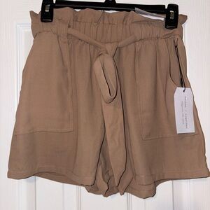 Women's Tan Drawstring Paperbag Shorts